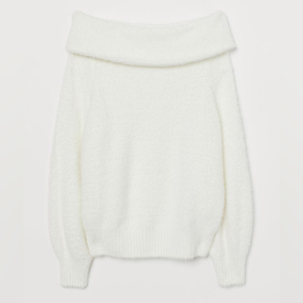 Fuzzy White Off Shoulder Jumper